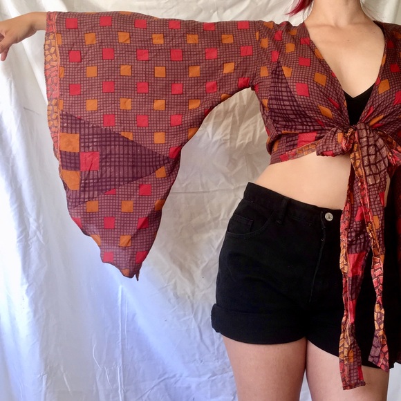 Silk Bell Sleeve Crop Top - Picture 2 of 7